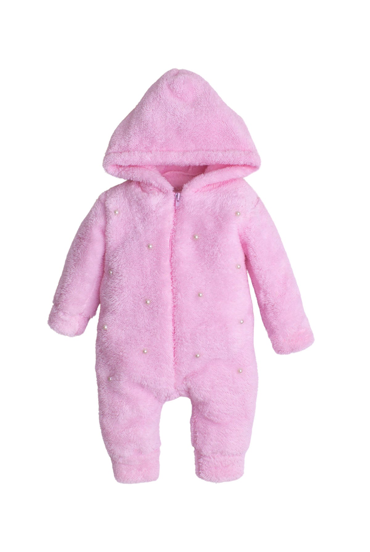 Kız Bebek İnci Detaylı Kapüşonlu Peluş Tulum 0-12 Ay